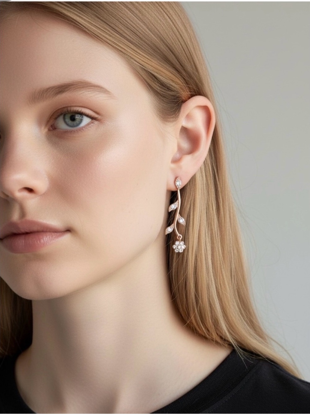 Delicate Rose Gold Leaf & Flower Drop Earrings
